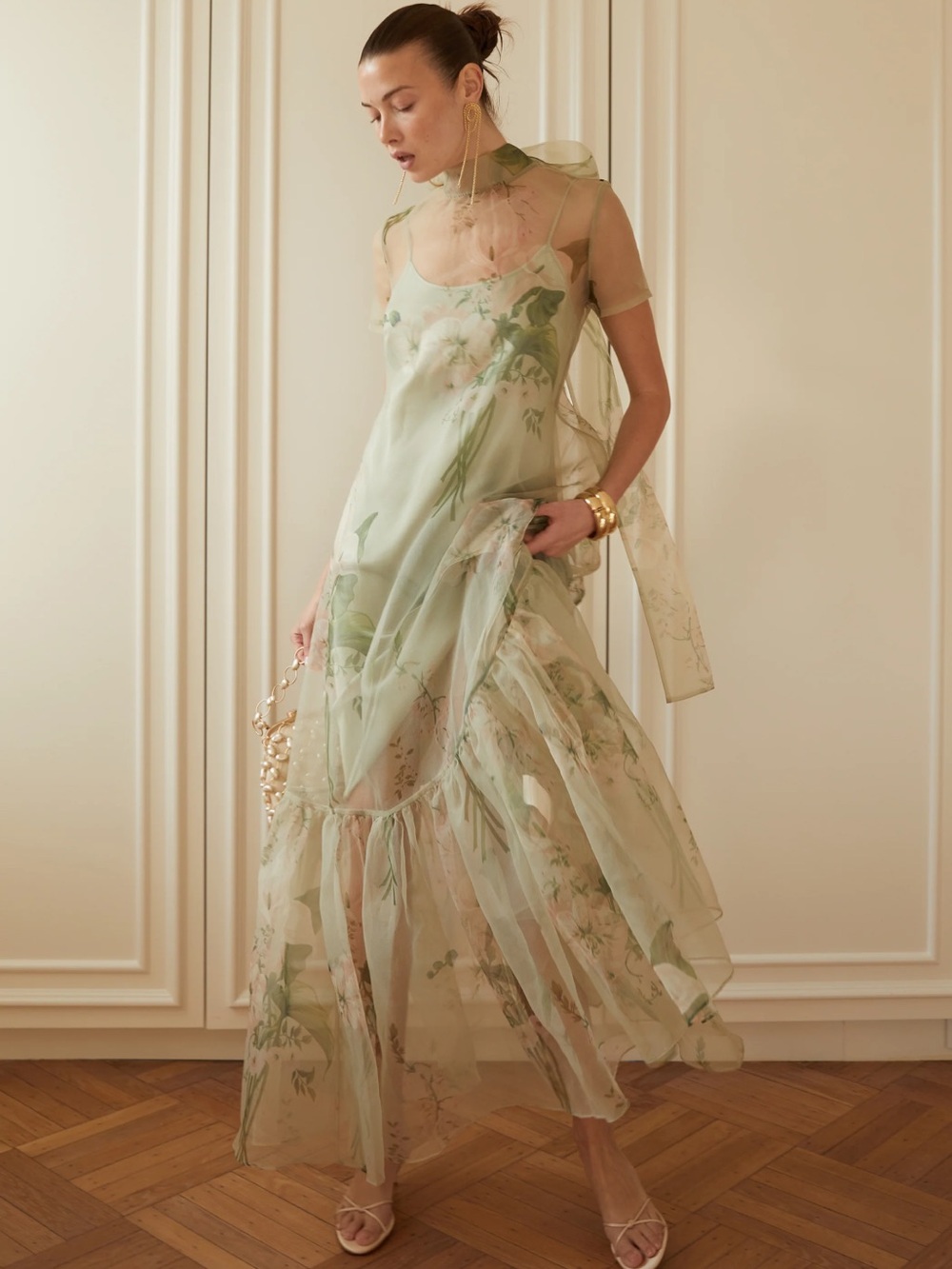 CAARA Melody Dress - Mint Blossom Sage Green Floral Gown - Picture 3 of 6